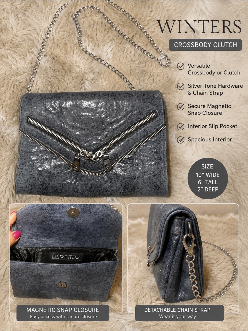 JJ Winters Metallic Gray Crossbody Clutch with Chain Strap